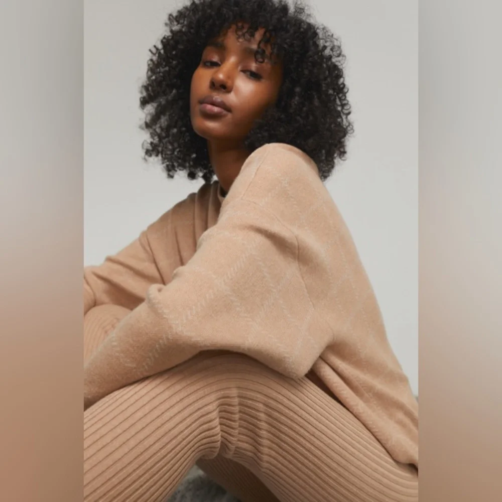 Lunya Cozy Cotton Silk Pullover Sweater Nutmeg Windowpane Tan NWT Medium NEW - Picture 2 of 10